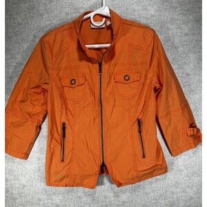 Chicos Neon Orange Zip Up Cargo Jacket Size Small (0) Zipper Pockets 3/4 Sleeve